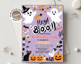 May include: A Halloween party invitation with a purple background. The invitation features two cartoon ghosts, pumpkins, bats, and the text "Hey! Boo!" It includes party details and the text "Canva, Instant Download."