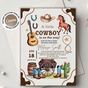 Cowboy baby shower invite western cowboy baby shower invitation rodeo baby shower invite a little cowboy Editable template instant download