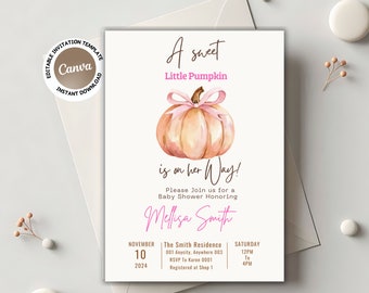 Pink little pumpkin baby shower pink bow invitation watercolor pumpkin fall invitation theme digital invitation baby shower girl boho BAS 05
