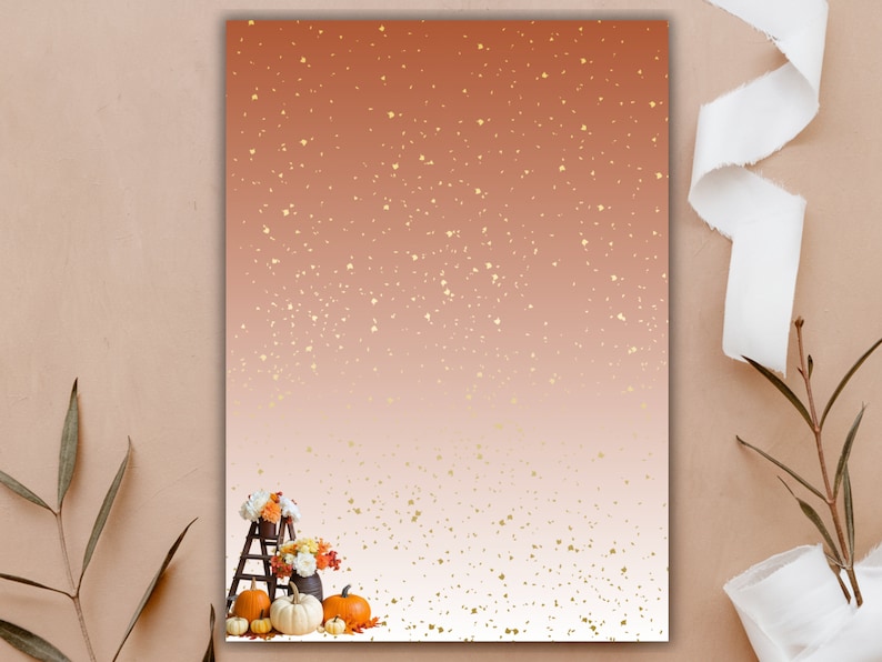 May include: A rustic wooden ladder with pumpkins and fall flowers on a peach and white ombre background with gold glitter.
