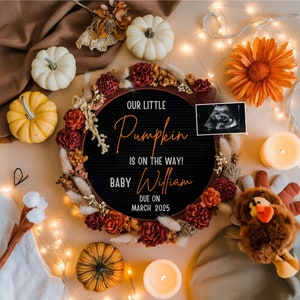 Thanksgiving pregnancy announcement Little pumpkin pregnancy announcement baby announcement social media thanksgiving baby announcement PA41