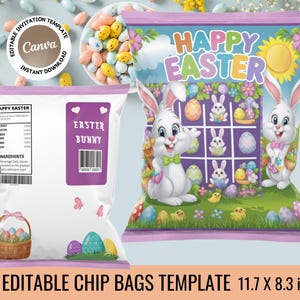 May include: Editable template for chip bags featuring a purple and white Easter design with bunnies, eggs, and the text "Happy Easter". The template is 11.7 inches by 8.3 inches.