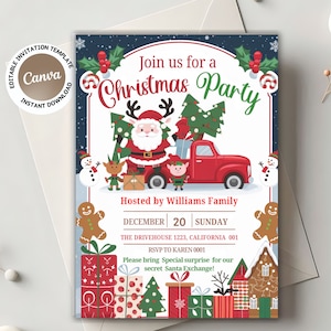 Editable Christmas party invitation template Santa Christmas holiday invitation Christmas printable invitations Christmas party edit Canva