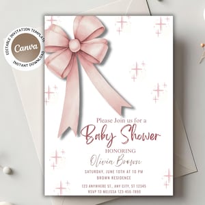 Blush Pink Bow Baby Shower Invitation Editable Elegant Watercolor Coquette Bow Invitation Baby Girl Shower Canva Template Instant Download