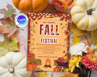 Plantilla de invitación de otoño editable, recuerdos de fiesta de otoño, plantilla de invitaciones de otoño, recuerdos digitales de fiesta de otoño, festival de otoño de cosecha de calabazas