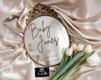 Digital pregnancy announcement for social media mirror pregnancy announcement neutral baby reveal baby announcement tulip flowers PA077