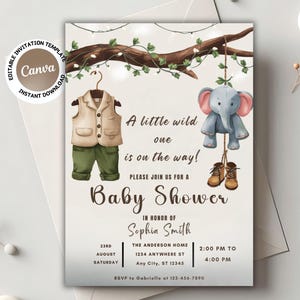 Editable safari baby shower invite A Little Wild One is on the Way Baby Shower Invitation Greenery Clothesline Invite Editable CanvaTemplate
