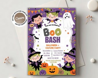 May include: Purple invitation with a cartoon illustration of children dressed in Halloween costumes. The text reads "You are invited to Boo Bash Halloween + Costume Party" with details for the party including date, time, and location.