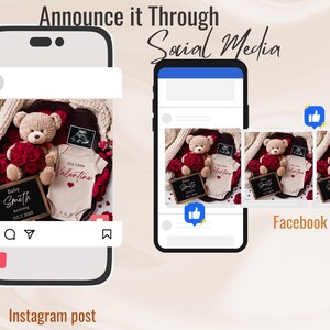 K&ouml;nnte beinhalten: Ein Teddyb&auml;r, der eine rote Rose h&auml;lt, sitzt auf einem Bett aus roten Rosen mit einem Baby-Strampler, auf dem "Unser kleiner Valentinstag" steht, und einem schwarzen Schild, auf dem "Baby Smith Ankunft Juli 2020" steht.