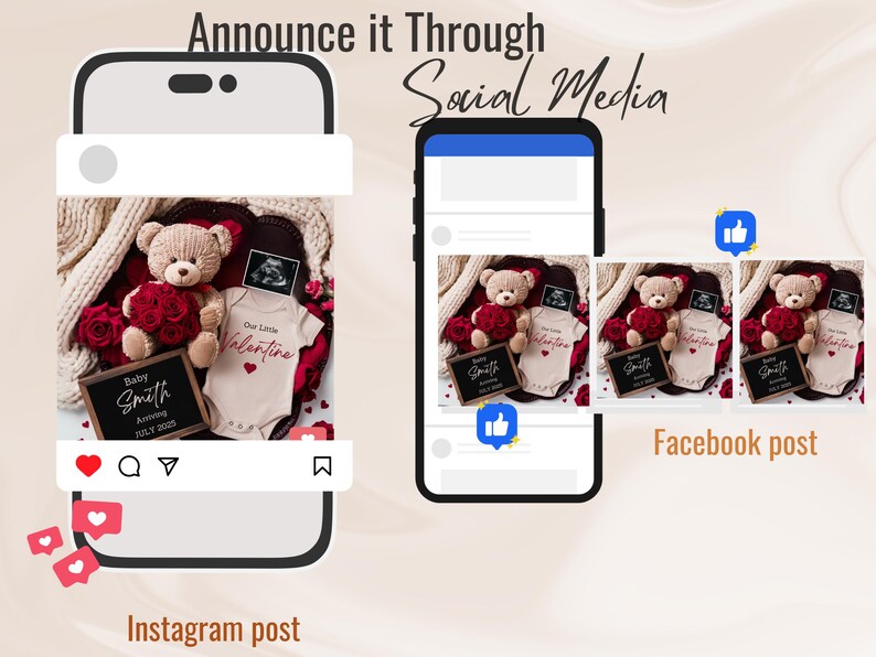 K&ouml;nnte beinhalten: Ein Teddyb&auml;r, der eine rote Rose h&auml;lt, sitzt auf einem Bett aus roten Rosen mit einem Baby-Strampler, auf dem "Unser kleiner Valentinstag" steht, und einem schwarzen Schild, auf dem "Baby Smith Ankunft Juli 2020" steht.