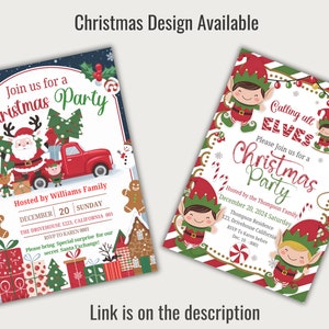 May include: Two Christmas party invitations. The first invitation features a red truck with Santa Claus and elves. The second invitation features elves with the text "Calling all Elves". Both invitations have a red and green color scheme.