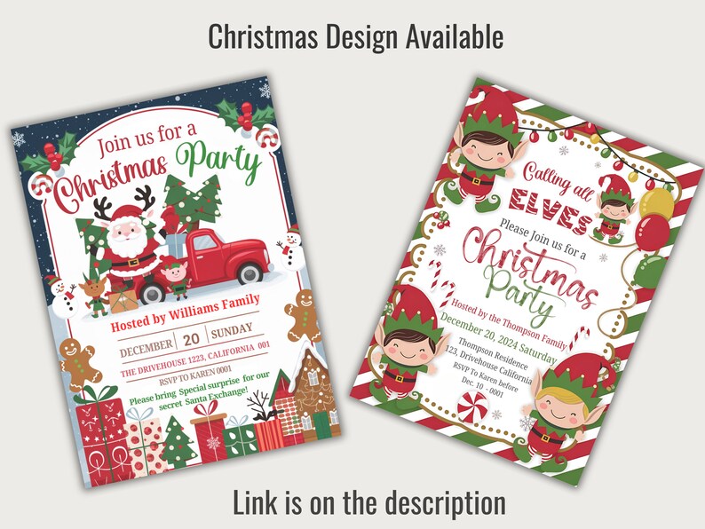 May include: Two Christmas party invitations. The first invitation features a red truck with Santa Claus and elves. The second invitation features elves with the text "Calling all Elves". Both invitations have a red and green color scheme.