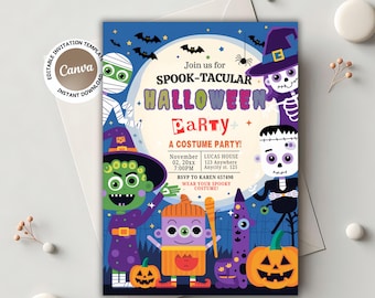 Könnte beinhalten: Eine Halloween-Party-Einladung mit Cartoon-Illustrationen einer Mumie, einer Hexe, eines Skeletts und eines Kürbisses. Der Einladungstext lautet: "Join us for SPOOK-TACULAR HALLOWEEN Party! A Costume Party!" mit Datum, Uhrzeit und Ort.