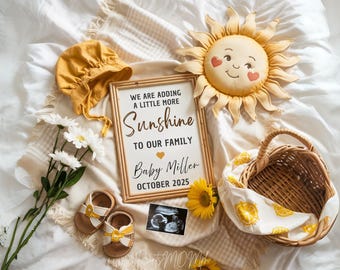 Summer pregnancy announcement Digital Boho Sunshine baby Announcement Gender neutral  Announcement Social media reveal Facebook Simple boho