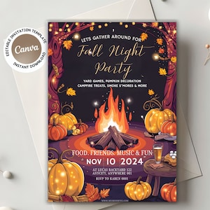 May include: Fall-themed party invitation with a bonfire, pumpkins, and the text "Let's gather around for Fall Night Party". The invitation includes details about the event, such as the date, time, location, and RSVP information.