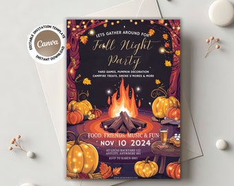 May include: Fall-themed party invitation with a bonfire, pumpkins, and the text "Let's gather around for Fall Night Party". The invitation includes details about the event, such as the date, time, location, and RSVP information.