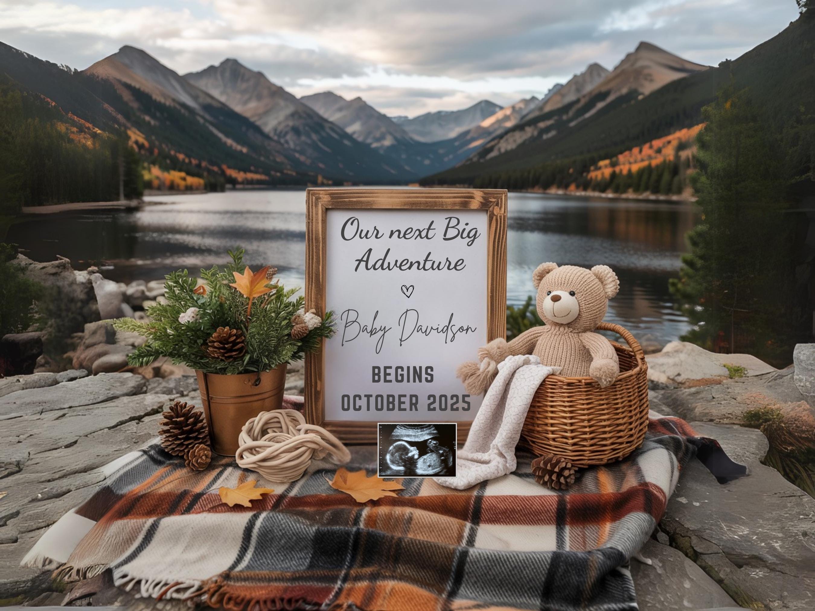 Adventure Pregnancy Announcement Template Camping pregnancy announcement Boho baby announcement Gender Neutral reveal Social media editable