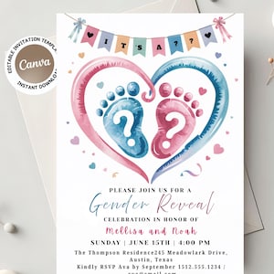 Blue and Pink Gender Reveal Editable gender reveal invitation Baby Footprint Gender Reveal Party Template invite boy or girl gender reveal