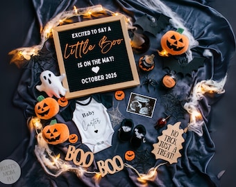 Halloween Graviditetsmeddelande Digitalt Halloween-bebismeddelande Sociala medier Babyavslöjande Könsneutralt tillkännagivande Redigerbar mall