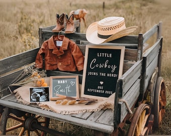 Western Pregnancy Announcement Digital Cowboy Baby Announcement baby boy reveal Social Media Template Facebook Little Cowboy Its a Boy rodeo