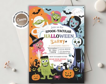 Könnte beinhalten: Halloween-Party-Einladung mit farbenfrohen Illustrationen von Monstern, Kürbissen und Fledermäusen. Die Einladung enthält den Text "Join us for Spook-tacular Halloween Party+" und Veranstaltungsdetails. Das Design ist verspielt und festlich.