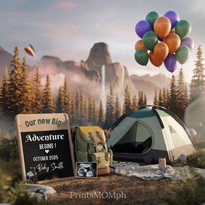 Adventure Pregnancy Announcement: Mountain Baby Boy Reveal (Digital Template)