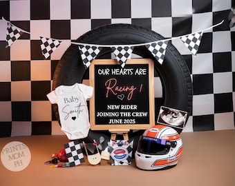 Racing Car Pregnancy Announcement Digital Baby Boy Announcement dad pregnancy announcement Social Media Gender Reveal baby template PA121