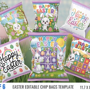 May include: Set of six printable Easter chip bag templates featuring various Easter-themed designs. Each bag has a purple border and includes the text "Happy Easter" in different fonts and styles. The designs include bunnies, eggs, and other Easter symbols.