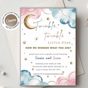 Twinkle Twinkle Little Star Gender Reveal party invite Twinkle twinkle little gender Blue or pink gender Gold Star Party Invitation template