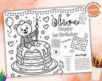 Pancake Coloring Activity Placemat Printable Coloring Placemat birthday themed Kids Preschool activities Pancake birthday party favors