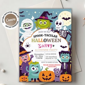 Bewerkbare uitnodigingsfeestje voor halloween Bewerkbare sjabloon voor feestuitnodiging Halloweenfeest uitnodiging spookachtig kinderkostuumfeest canvassjabloon