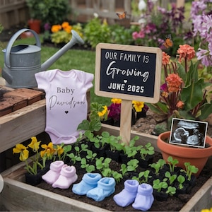 Gartenarbeit Schwangerschaftsankündigung Frühlingsbabyankündigung Geschlechtsneutrale Pflanzen Babyankündigung Social Media Reveal bearbeitbare Vorlage