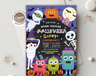 Könnte beinhalten: Eine Halloween-Party-Einladungsvorlage mit einem gruseligen Thema. Das Design zeigt Cartoon-Monster, Kürbisse, Fledermäuse und einen Vollmond. Der Text lautet "Spook-tacular Halloween Party + A Costume Party!" mit Veranstaltungsdetails.