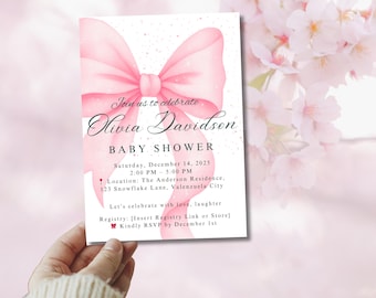 Pink Bow Baby Shower Invite Coquette baby shower invitation Coquette pink ribbon Editable Watercolor Invitation Pink Girl Baby Shower Invite
