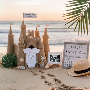 Beach Pregnancy Announcement Digital Castle Summer baby Announcement beach Gender neutral announcement Social media reveal Editable template