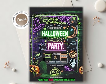 Editable halloween invitation party neon invitation template glow Halloween party invitation spooky kids costume party canva template