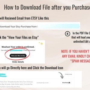 K&ouml;nnte beinhalten: Eine Schritt-f&uuml;r-Schritt-Anleitung zum Herunterladen einer digitalen Datei, die bei Etsy gekauft wurde. Die Anleitung enth&auml;lt Screenshots der Etsy-E-Mail-Best&auml;tigung, der Etsy-Download-Seite und des Download-Buttons auf der Etsy-Website. Die Anleitung enth&auml;lt auch einen Hinweis darauf, Ihren Spam-Ordner zu &uuml;berpr&uuml;fen, wenn Sie die E-Mail nicht erhalten haben.