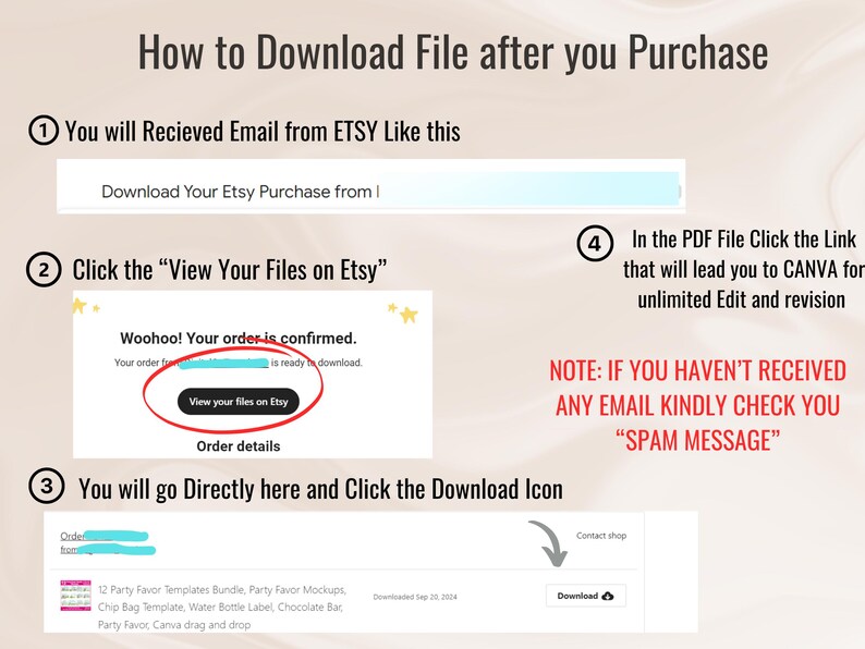 K&ouml;nnte beinhalten: Eine Schritt-f&uuml;r-Schritt-Anleitung zum Herunterladen einer digitalen Datei, die bei Etsy gekauft wurde. Die Anleitung enth&auml;lt Screenshots der Etsy-E-Mail-Best&auml;tigung, der Etsy-Download-Seite und des Download-Buttons auf der Etsy-Website. Die Anleitung enth&auml;lt auch einen Hinweis darauf, Ihren Spam-Ordner zu &uuml;berpr&uuml;fen, wenn Sie die E-Mail nicht erhalten haben.