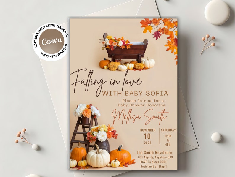 May include: A fall-themed baby shower invitation with a rustic wooden crib, pumpkins, and fall leaves. The text reads "Falling in love with Baby Sofia" and includes the date, time, and location of the event.