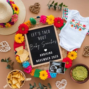 Anuncio de embarazo del Cinco de Mayo Anuncio de bebé Revelación de embarazo de género neutro Plantilla editable Fiesta mexicana Revelación en redes sociales