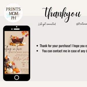 May include: A digital invitation for a baby shower with a fall theme. The invitation features a wooden cradle with a baby doll inside, surrounded by pumpkins and fall leaves. The text on the invitation reads "Falling in love with Baby Sofia".