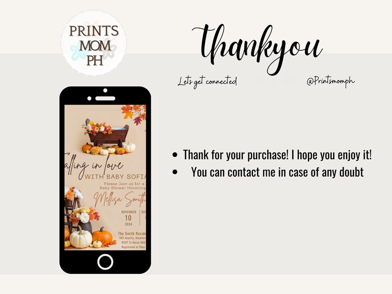 May include: A digital invitation for a baby shower with a fall theme. The invitation features a wooden cradle with a baby doll inside, surrounded by pumpkins and fall leaves. The text on the invitation reads "Falling in love with Baby Sofia".