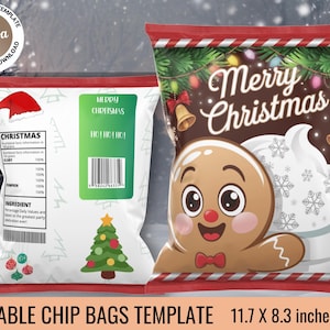 Editable chip bag template Christmas Gingerbread chip bag template kids party favor candy bag label printable Canva edit Christmas favors 02