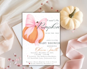 Little pumpkin baby shower invitation Editable Pink Bow Pumpkin Baby Shower invitation A Sweet Little Pumpkin Is On The Way Fall template