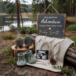 Peut inclure: Une pancarte en bois avec le texte "Our greatest Adventure Begins September 2025 Baby Smith" avec un petit symbole de cœur. La pancarte est suspendue à une branche d'arbre dans un décor de forêt. Il y a deux tasses, une couverture et une image d'échographie de bébé sur le sol.