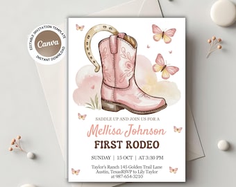 First Rodeo Birthday Invitation Cowgirl first birthday First Rodeo invite template Cowgirl Invitation birthday party Western cowgirl baby