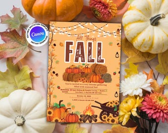 Może przedstawiać: Szablon zaproszenia z tekstem "All Things Fall" z dyniami, belami siana i jesiennymi liśćmi. Projekt zawiera logo Canva i szczegóły spotkania jesiennego.