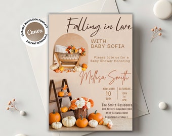 Invitaciones de otoño para baby shower de enamoramiento, regalos de otoño para baby shower, invitaciones digitales para baby shower, invitación de calabaza para baby shower para enamorarse