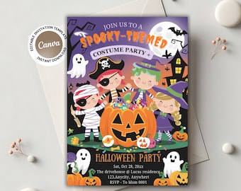 May include: A Halloween party invitation with a purple background and a cartoon illustration of children dressed in costumes. The text reads "Join us to a Spooky-Themed Costume Party + Halloween Party".