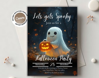 May include: A Halloween party invitation featuring a cartoon ghost holding a jack-o-lantern. The text reads "Let's get spooky, Join us for a Halloween Party, Saturday, October 28, 8:00 pm in the evening at Thomas house, 1245 Anywhere, Any city 9875, RSVP to Kareen at 001001".